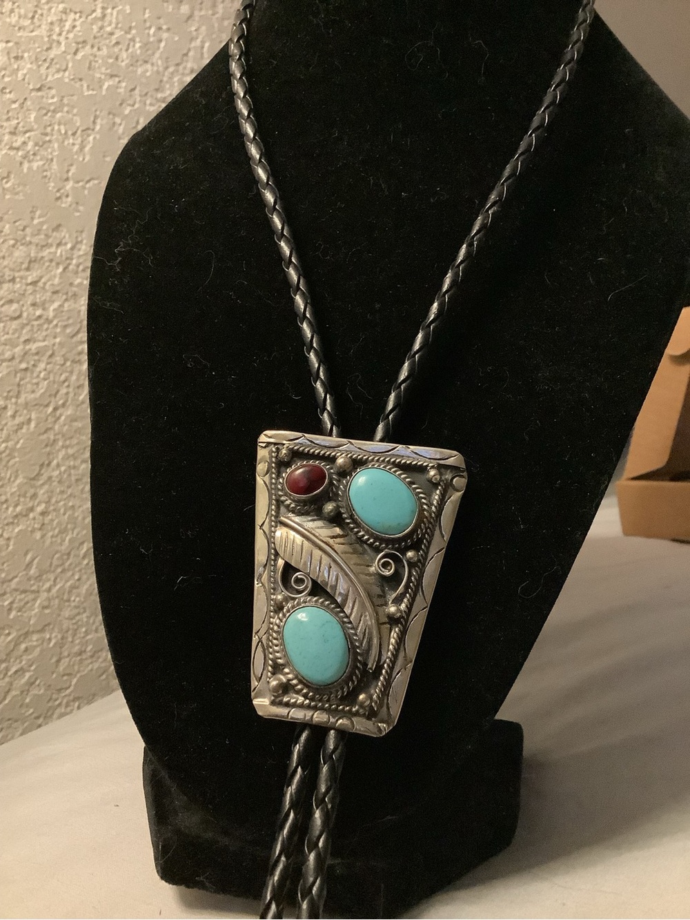 Turquoise and Red Stone Silver Western-Style Bolo Necklace